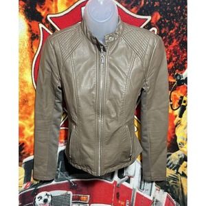 Express Womens Faux Leather Biker Jacket XX Small Brown‎ Lined Zipper